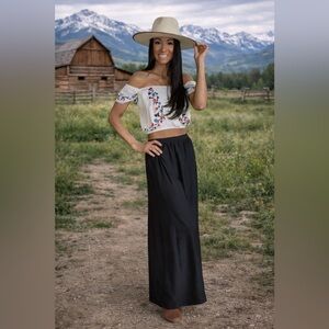 Women’s Black Maxi Skirt + Americana Peasant Top | Romantic Classic Style
